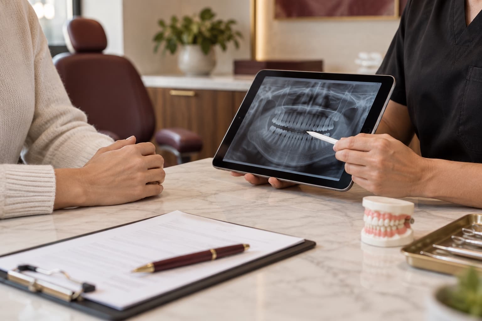Consulta odontológica com explicação de radiografia, sem rostos visíveis